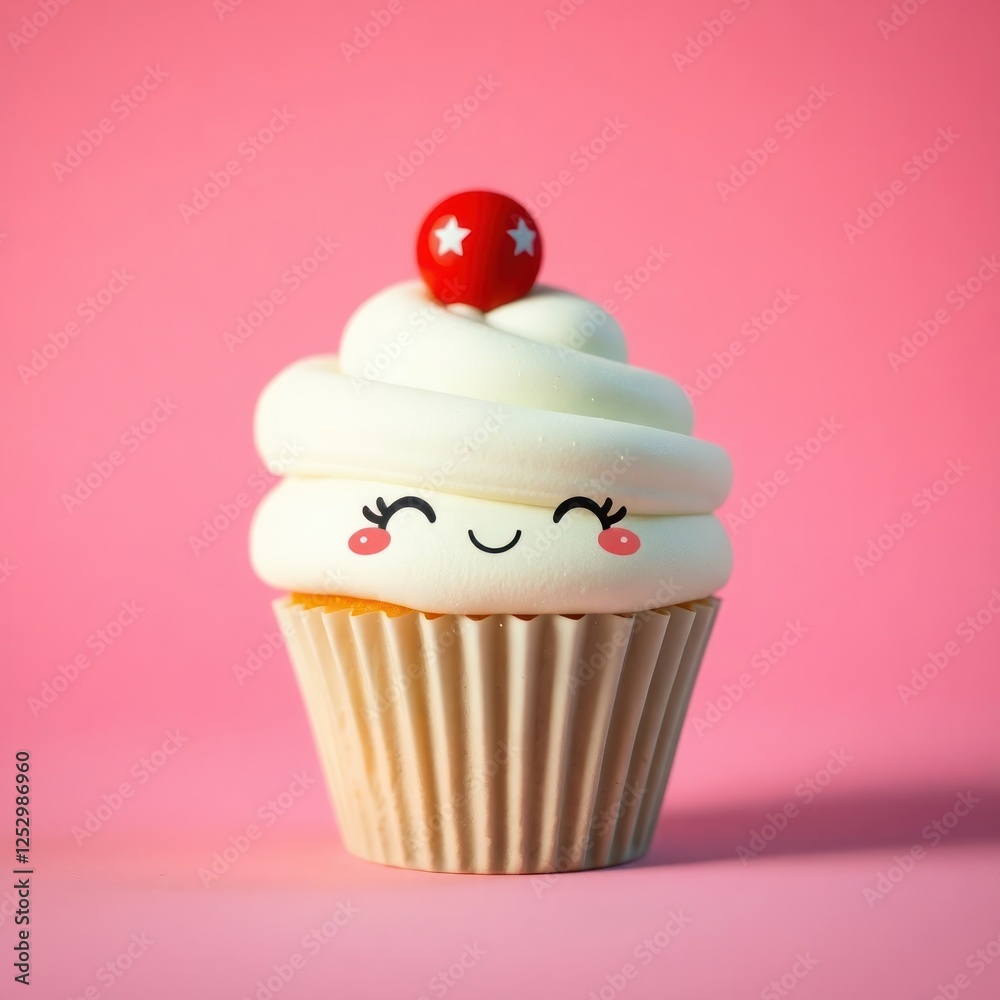 Cute cupcake with smiling face and cherry on top, set against a vibrant pink background