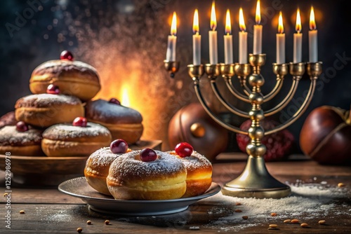 Festive Hanukkah Donuts & Dreidels: Dark Background Architectural Photo photo