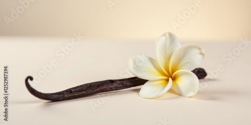 Aromatic Vanilla Bean and Delicate White Blossom Resting on a Soft Beige Surface