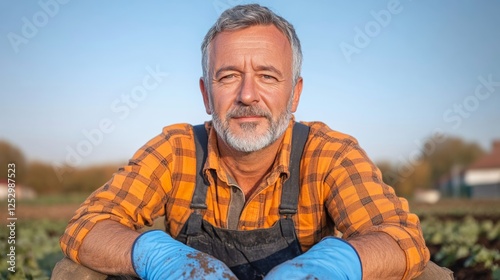 Man in a plaid shirt and overalls is sitting in a field