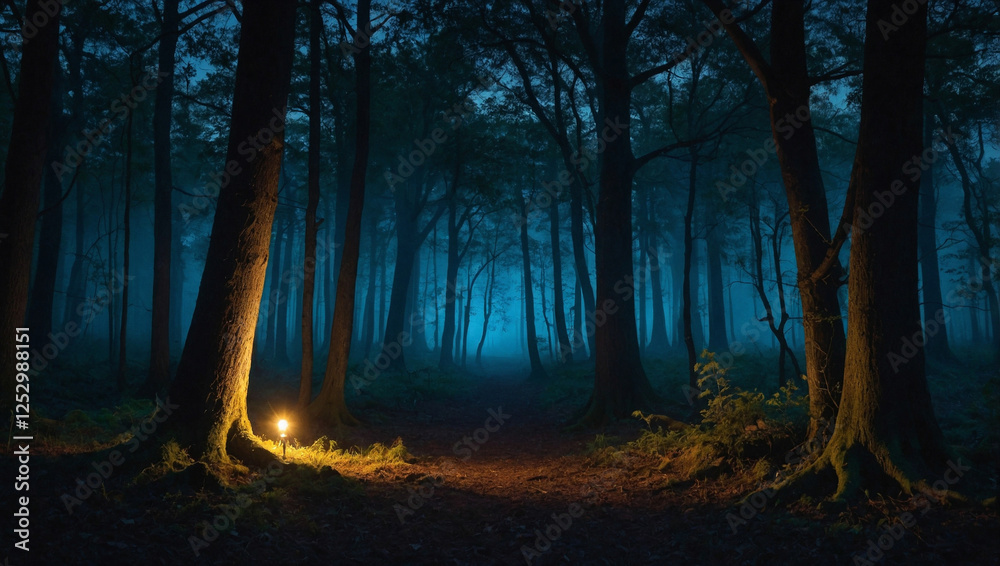 Fototapeta premium A captivating and otherworldly image of a glowing scene in nighttime woods, representing an enchanting fairy tale idea.