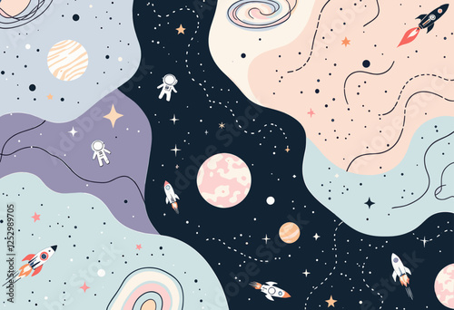 A space scene with planets, stars, and spaceships, including a pink planet, a white planet, and a red and white spaceship. Vector patterns, random pattern