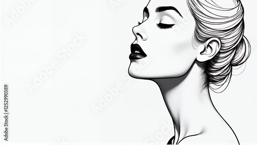 A striking black and white illustration of a woman's face, showcasing detailed shading and bold lines. Her hair is styled in an elegant updo, with soft highlights adding depth to the drawing. The over photo