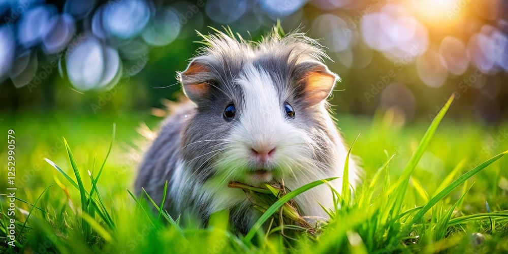 Fluffy Grey Guinea Pig Enjoying Summer Grass - Adorable Pet Photo Fluffy Grey Guinea Pig Enjoying Summer Grass - Adorable Pet Photo