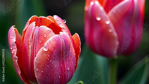 Dew drops on tulips, close-up. Spring mood, after rain