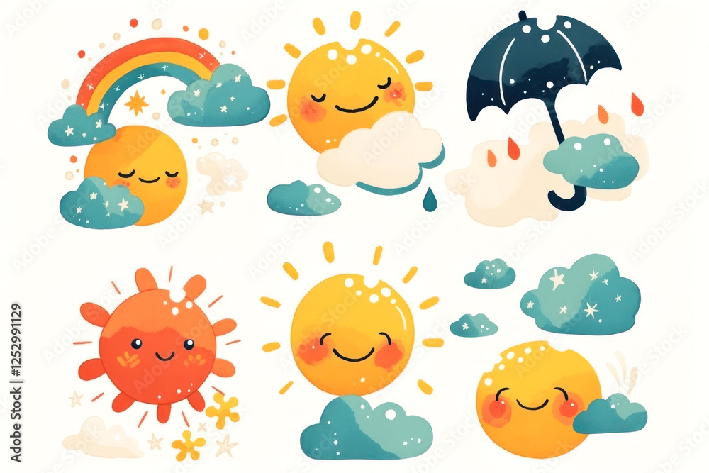 Whimsical weather icons with smiling sun, cheerful clouds, and a playful umbrella Whimsical weather icons with smiling sun, cheerful clouds, and a playful umbrella
