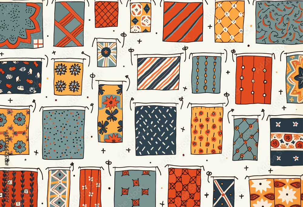 A grid of 24 squares, each with a unique pattern and color, arranged in a 4x6 grid. Vector patterns, random pattern