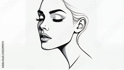 A striking black and white illustration of a woman's face, showcasing detailed shading and bold lines. Her hair is styled in an elegant updo, with soft highlights adding depth to the drawing. The over photo