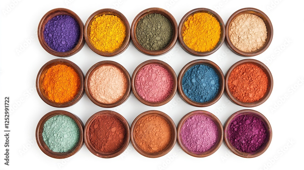 Vibrant indian holi festival color powders in four bowls on white background. Concept of colorful gulal, celebration, and cultural Vibrant indian holi festival color powders in four bowls on white background. Concept of colorful gulal, celebration, and cultural
