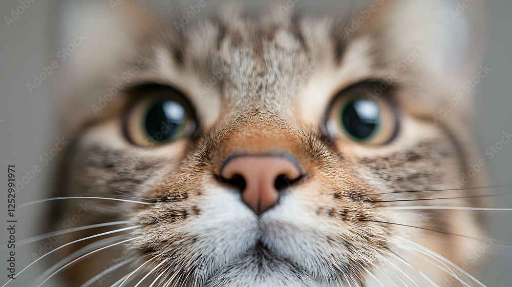 Close-up cat face, curious expression, grey background, pet portrait Close-up cat face, curious expression, grey background, pet portrait