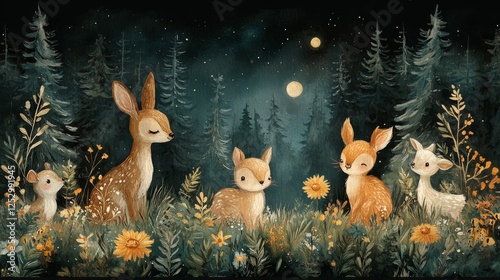 Serene watercolor tableau of ethereal deer amidst twilight flora and forest under the benevolent gaze of a moonlit sky