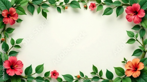 Vibrant Hibiscus and Lush Foliage Create an Elegant Natural Frame for Your Design
