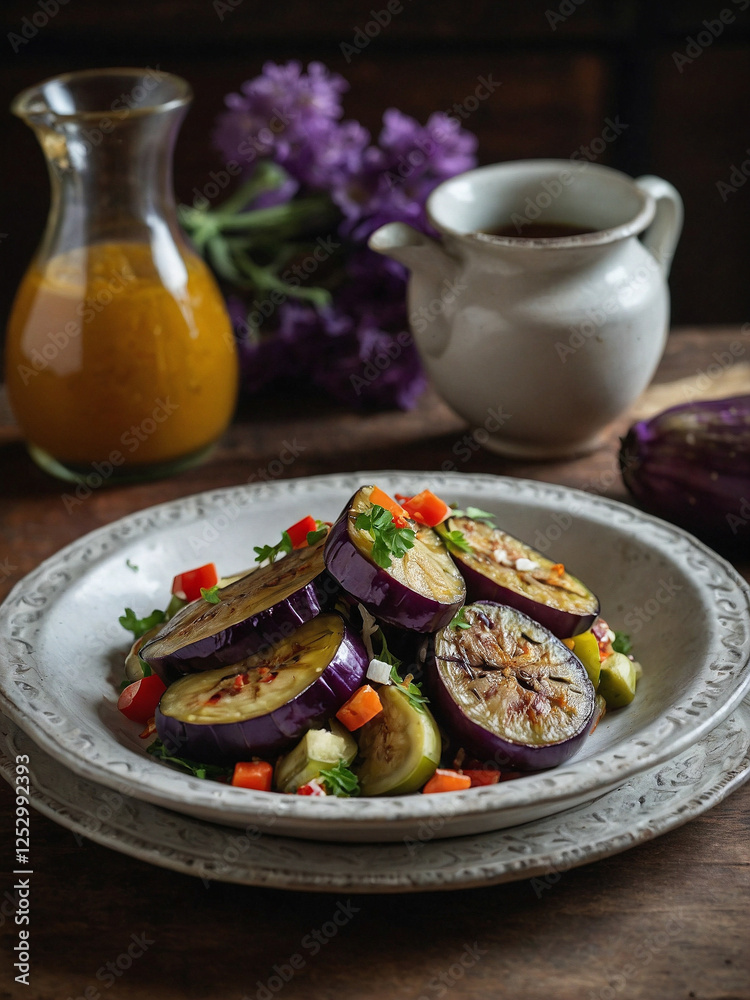 A colorful eggplant salad with roasted slices, perfectly arranged in a charming setting.