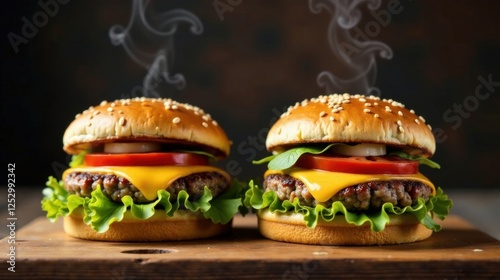 Fototapeta Naklejka Na Ścianę i Meble -  Two Juicy Cheeseburgers on Wooden Board, Steaming Hot and Ready to Eat