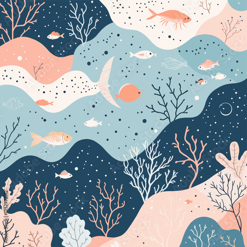 A whimsical underwater scene with fish, coral, and plants in shades of blue, pink, and white, set against a starry night sky. Vector patterns, random pattern