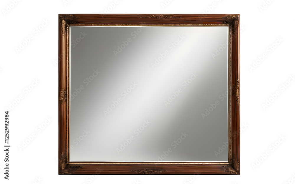 A large rectangular mirror with a wooden frame and beveled edges on a empty plain background A large rectangular mirror with a wooden frame and beveled edges on a empty plain background