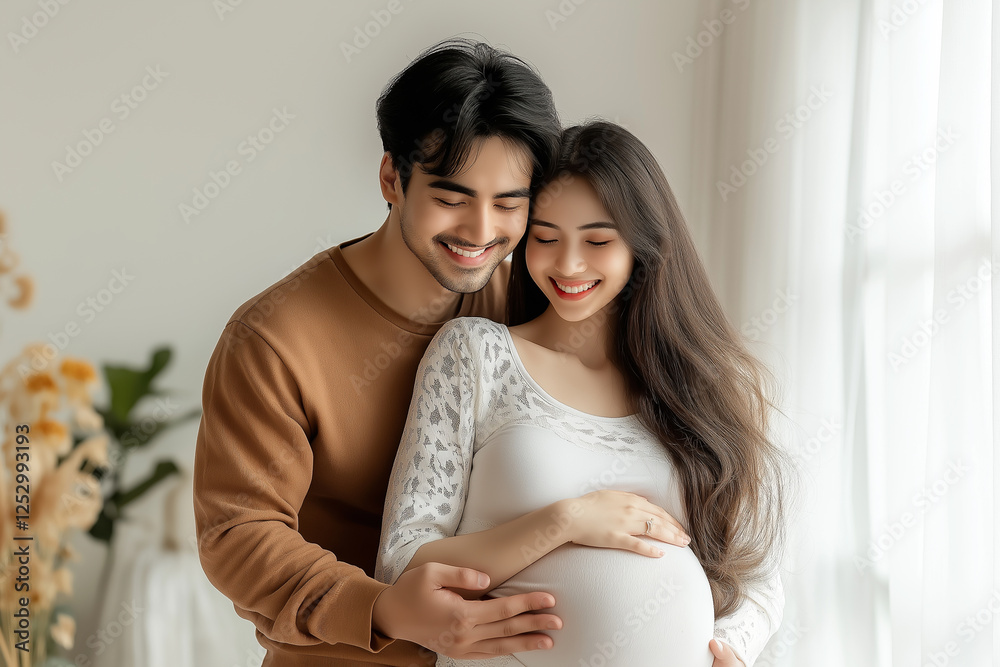 Husband hugs pregnant wife, both smile warmly. Husband hugs pregnant wife, both smile warmly.