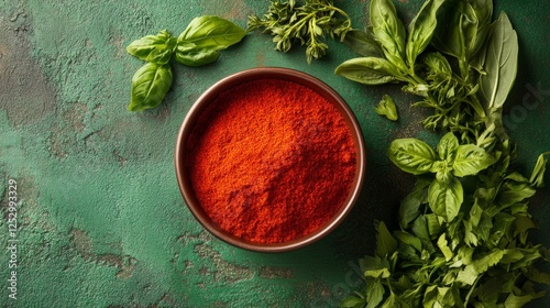 Fototapeta Naklejka Na Ścianę i Meble -  A bowl of red spice powder surrounded by fresh green herbs on a textured surface.