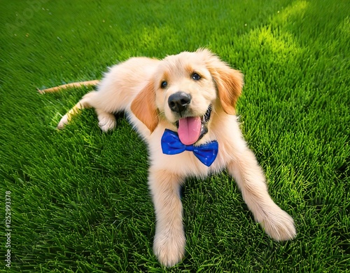 happy golden retriever puppy wearing a blue bowtie laying on his back on grass photo