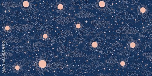 Seamless celestial pattern with sun, moon and stars, mystical astrological blue background, horoscope vector ornament. Zodiac banner, fabric ornament, wrapping paper.