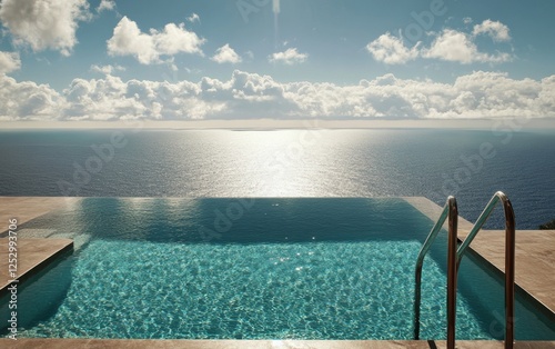 Stunning infinity pool overlooking ocean, sunny day photo