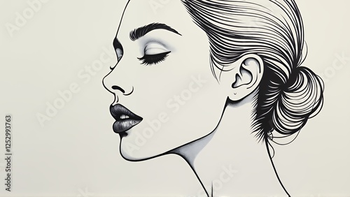 A striking black and white illustration of a woman's face, showcasing detailed shading and bold lines. Her hair is styled in an elegant updo, with soft highlights adding depth to the drawing. The over photo