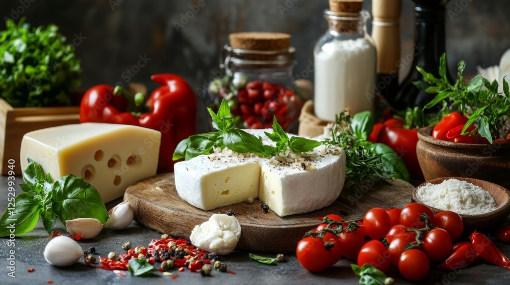 Rustic Italian food composition with cheese, tomatoes, and herbs Rustic Italian food composition with cheese, tomatoes, and herbs