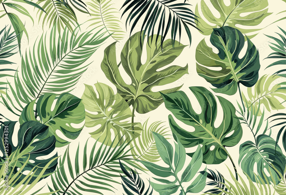 Various tropical leaves, including palm leaves and ferns, arranged in a repeating design. Vector patterns, random pattern