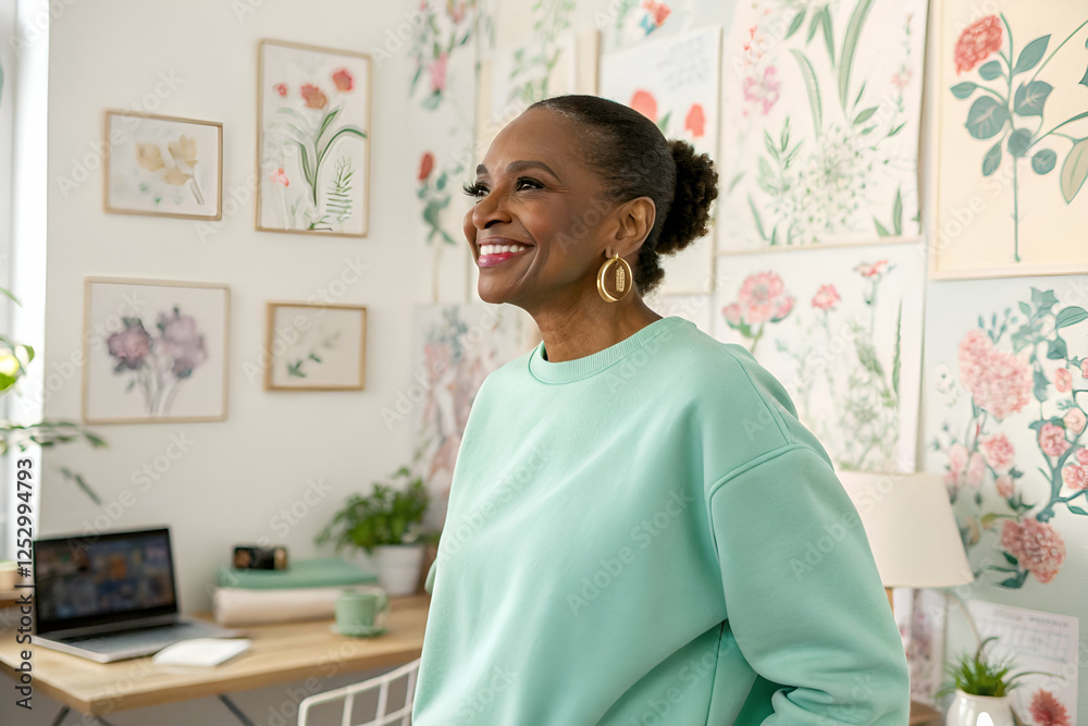 Smiling Senior Woman In Green Sweater By Floral Wall Art In Home Interior Smiling Senior Woman In Green Sweater By Floral Wall Art In Home Interior