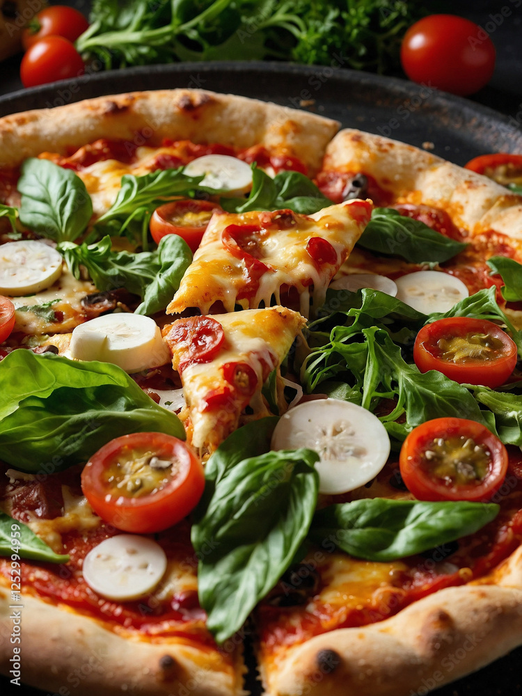 A delicious pizza with golden crust and vibrant toppings, including fresh vegetables and greens. A delicious pizza with golden crust and vibrant toppings, including fresh vegetables and greens.