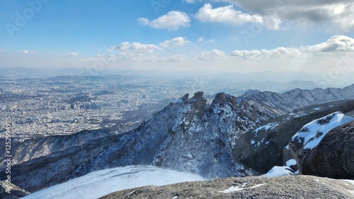 heavy snowfall in korea. winter landscapes. Image of winter scenery of Bukhansan Mountain in Seoul, Korea. korea mountains. trekking. korean landscapes. bukhansan national park. photo