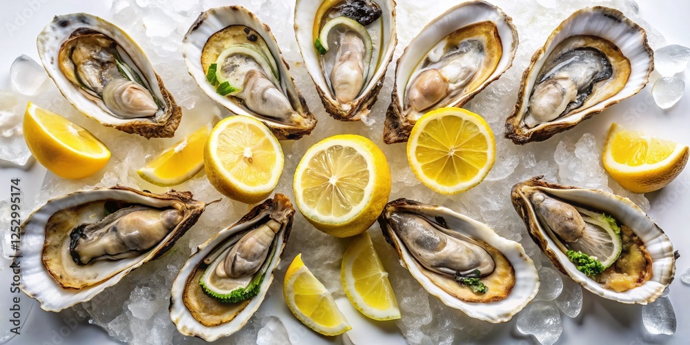 Fresh Oysters with Juicy Lemon Wedges - Top View - Gourmet Seafood Fresh Oysters with Juicy Lemon Wedges - Top View - Gourmet Seafood