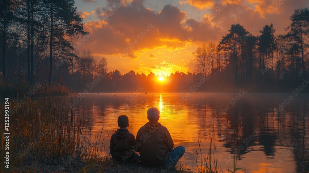 A grandfather and grandson fishing together at a peaceful lake, golden sunset, nostalgic moment A grandfather and grandson fishing together at a peaceful lake, golden sunset, nostalgic moment