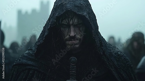 Man in cloak stands with sword in fog; other people present, castle in background.