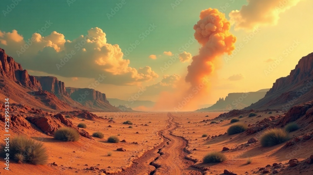 Naklejka premium Arid landscape with a dramatic dust cloud and a winding desert road