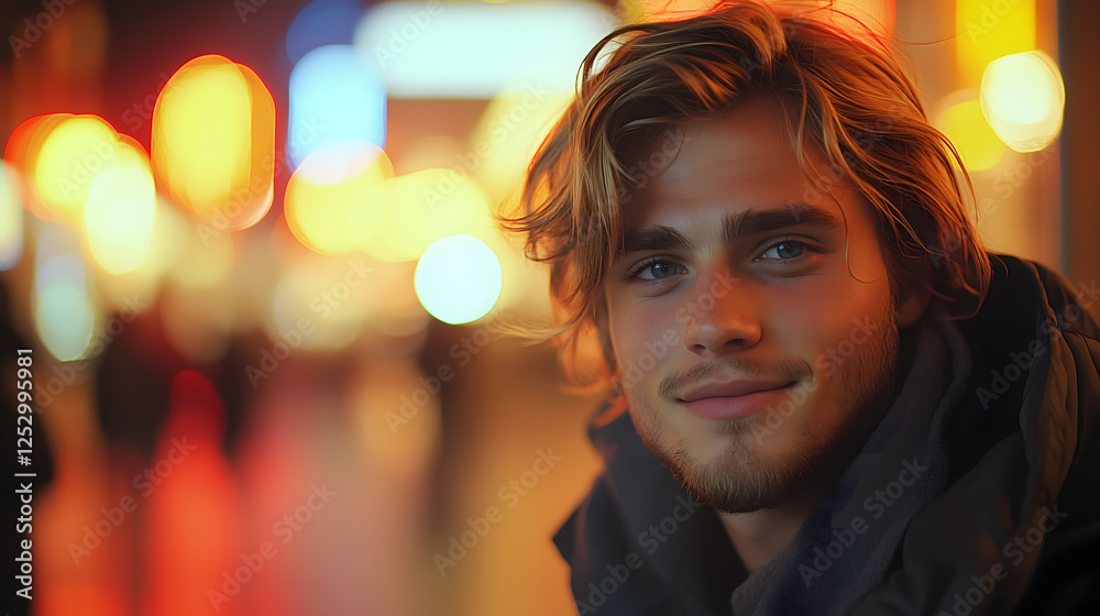 Obraz premium Casual Nighttime Portrait of Smiling Person