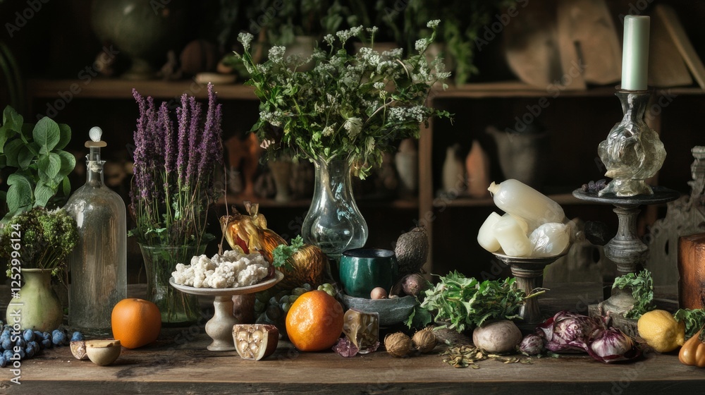 Rustic kitchen table with fresh herbs and ingredients Rustic kitchen table with fresh herbs and ingredients