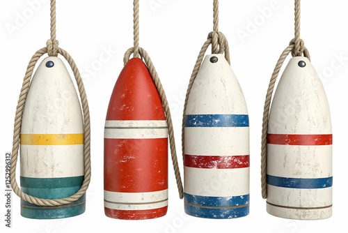 Four Vintage Colored Buoys Hanging With Rope_Keywords_buoy,buoys,fishing