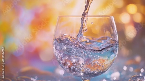 Obraz na płótnie Pouring crystal-clear water into a glass over a gentle abstract backdrop w salonie