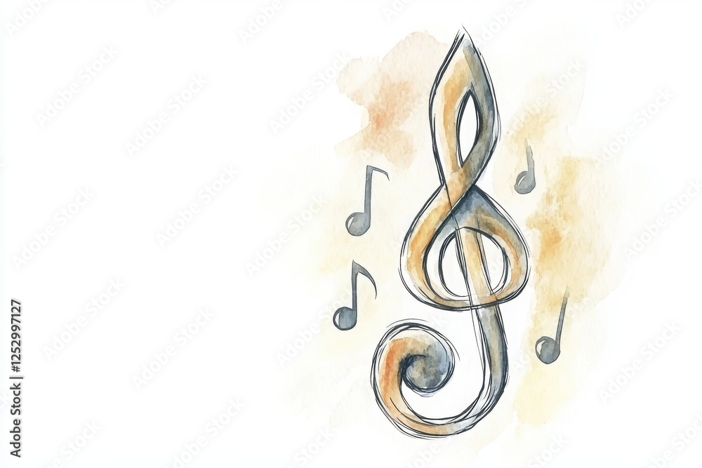 Naklejka premium A beautiful watercolor illustration of a treble clef surrounded by musical notes, evoking creativity and the joy of music.