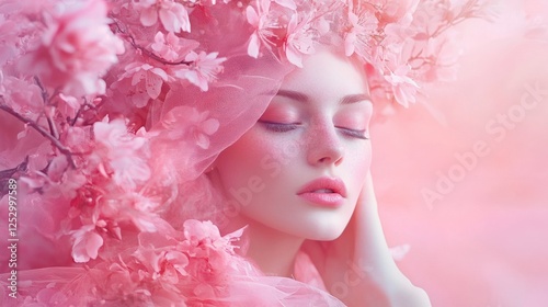 Surreal portrait of a woman surrounded by pink cherry blossoms
