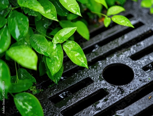 Black metal grate on a stormwater drainage system in realistic outdoor setting photograph