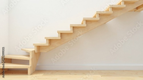 Modern Light Wooden Staircase Ascending Against a Plain White Wall in a Minimalist Interior Design Setting