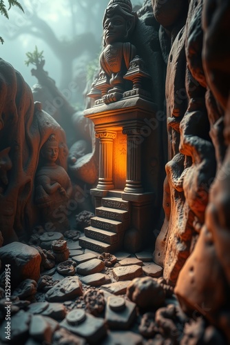 Ancient stone temple surrounded by lush greenery, illuminated by warm light, evoking mystery