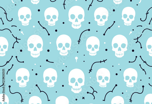 White skull silhouettes arranged in a grid-like formation against a light blue background, with black lines and dots scattered throughout. Vector patterns, random pattern
