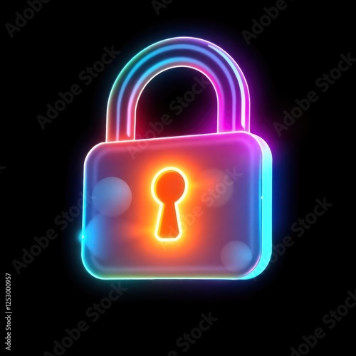 Colorful neon lock symbolizing security and protection against digital threats in a dark background (1)
