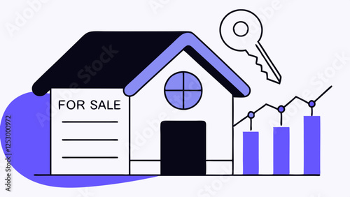 A house labeled “For Sale” has a key symbol above it and a bar chart to one side, suggesting real estate or property investment themes. The use of purple and black is modern and clean.AI