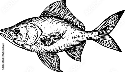 A detailed illustration of a fish, showcasing its fins, scales, and body structure. The fish is depicted in a side view, emphasizing its streamlined shape and features.