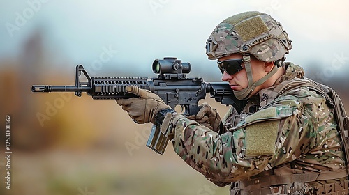 Soldier in camo aims rifle outdoors at target during military exercise, training.