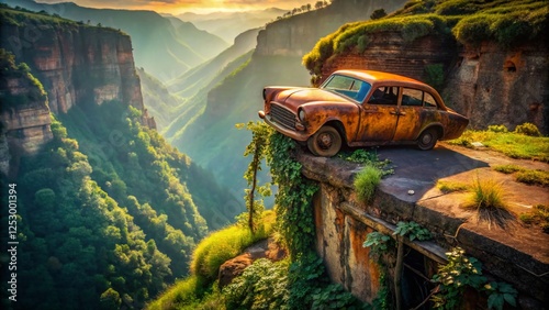 Abandoned Car Plunging Off Cliff Edge - Urban Exploration Photography photo